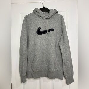 Nike men’s gray varsity hoodie sweatshirt w large navy blue swoosh large